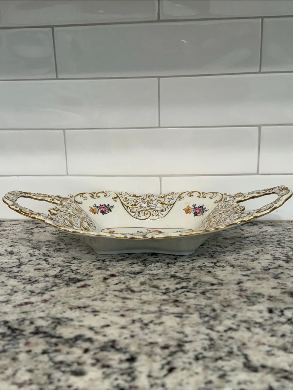 Antique JLMENAU German Floral Porcelain Serving Tray in Cream and Enameled Gold